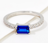 Diamonique x Lisa Freede Silvertone Sim Blue Sapphire Baguette Ring, Size 7